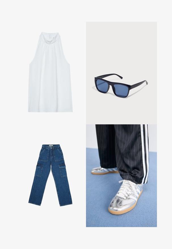 Bijela bez rukava bluzica s visokim ovratnikom, izrađena od mekog materijala, s nabranoj detaljnom obradom oko izreza i skrivenim patentnim zatvaračem na leđima.; Široke plave traperice s visokim strukom, prednjim džepovima i velikim bočnim džepovima na preklop, položene ravno na bijelom pozadinu.; Metalne srebrne tenisice s bijelim vezicama i tri bijele pruge, uparene s crnim hlačama s prugicama. Osvježavajući akcent gumene soles na dnu.; Crne plastične sunčane naočale s pravokutnim okvirom, plavim naočalima i tankim bočnim krakovima, s sjajnim premazom.