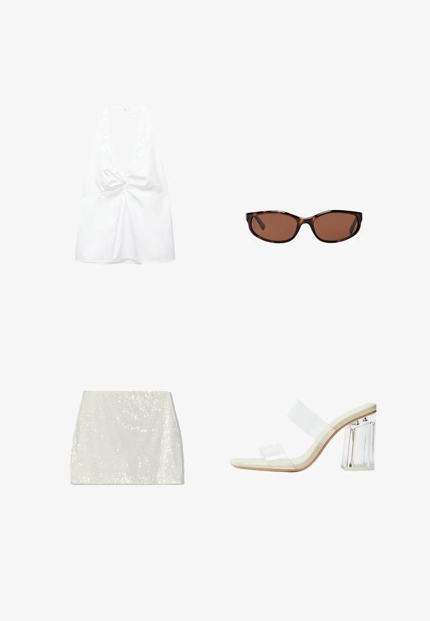 Weißes ärmelloses Oberteil mit tiefem V-Ausschnitt und Knoten-Detail in der Mitte, aus glattem Stoff und mit lässiger Passform.; Bershka A-Linien-Rock - white; Klare Absätze Sandalen mit transparenten Riemen, einem beigen Fußbett und einem klobigen klaren Blockabsatz. Elegantes und glattes Design mit einem minimalistischen Ästhetik.; Schildkrötensonnenbrille mit braunen Gläsern, schlanker ovaler Form und glänzender Oberfläche. Verfügt über dezente silberne Akzente an den Rahmen.