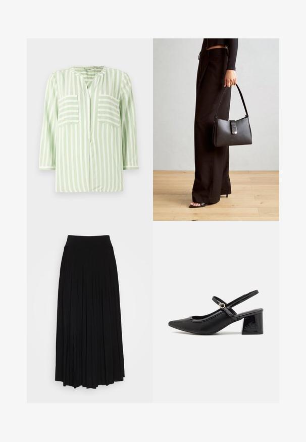 Gestreiftes Hemd in Hellgrün und Weiß, mit einem Schlitzkragen, zwei vorderen Taschen und drei Viertelärmeln. Glatte Stofftextur.; Schwarzer plissierter Rock mit breitem, dehnbarem Bund. Gefertigt aus weichem Stoff, mit vertikalen Falten für eine fließende Silhouette.; Schwarze Lackleder-Slingback-Absätze mit spitzer Zehenform, einem runden Ausschnitt-Design und einem Blockabsatz. Mit einem goldfarbenen Schnallenakzent.; Schwarze Handtasche mit strukturierter Form, glatter Textur und einem metallischen Verschluss. Kombiniert mit weiten schwarzen Hosen und offenen Sandalen auf einem Holzboden.