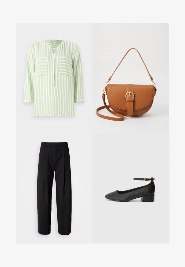 Striped shirt in light green and white, featuring a notch collar, two front pockets, and three-quarter sleeves. Smooth fabric texture.; Black trousers with a relaxed fit, pleated front, and belt loops. Smooth fabric and straight legs, featuring side pockets.; Black leather pump with a pointed toe and a low block heel. Features an ankle strap with a gold-tone buckle. Smooth texture.; Brown leather crossbody bag with a curved shape, gold hardware, and a buckle accent. Features a detachable shoulder strap.