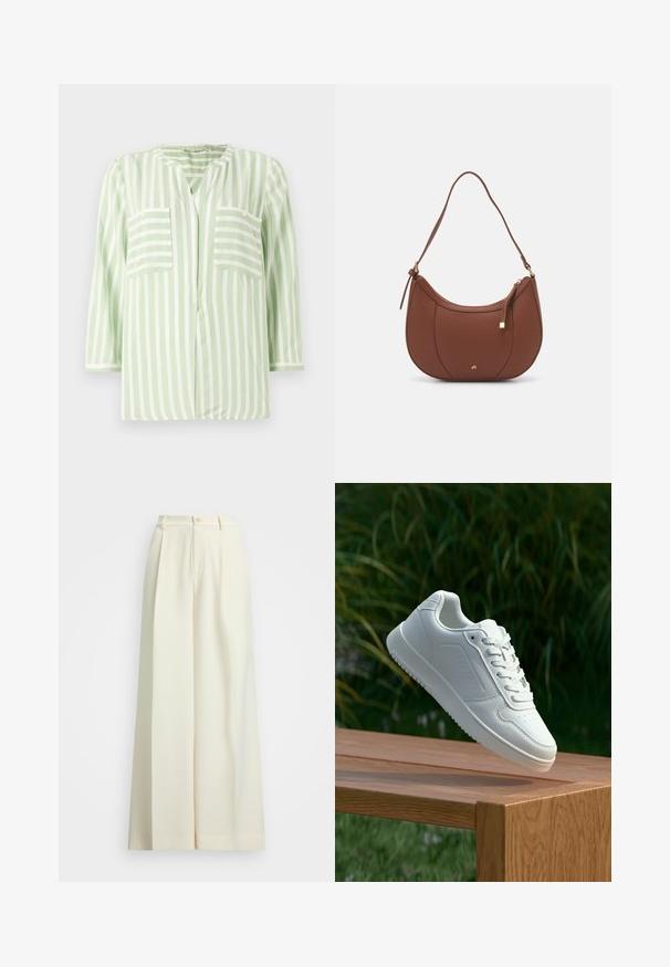 Cămașă cu dungi în verde deschis și alb, având un guler cu decupaj, două buzunare frontale și mâneci trei sferturi. Textură de stofă netedă.; Pantaloni evazați din țesătură albă, cu talie înaltă, pliseuri duble și închidere cu nasture. Textură netedă și design croit.; Sneaker alb cu un upper sintetic neted, cu vârf perforat, șireturi plate și o talpă texturată, expus pe o suprafață de lemn.; Geantă de umăr din piele ecologică maro, cu o formă curbată, cusături minime și un accent din metal auriu. Are un închidere cu fermoar în partea de sus și o curea ajustabilă.