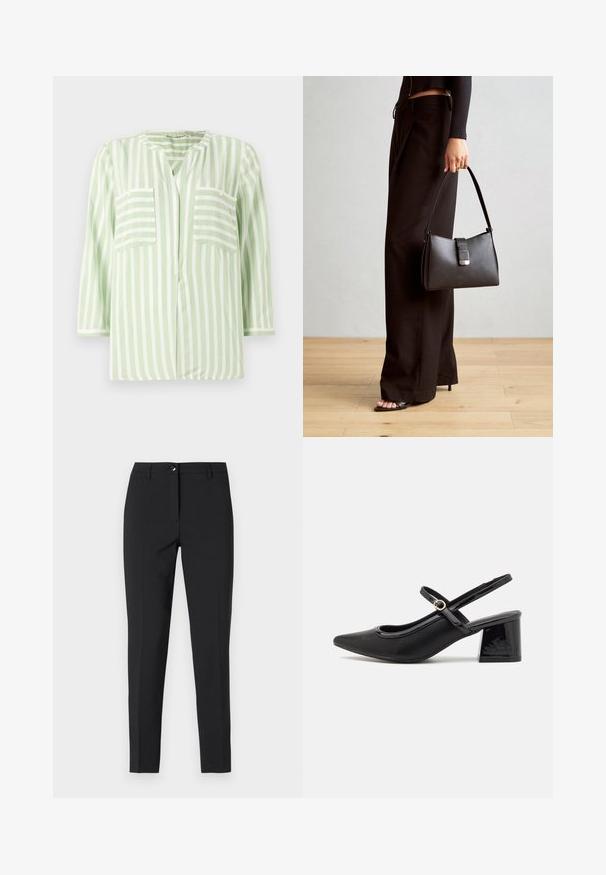 Dryžuotas marškinėliai šviesiai žaliai ir baltai, su įpjovimu ant apykaklės, dviem priekinėm kišenėm ir trijų ketvirčių rankovėm. Glotni audinio tekstūra.; Juodos prigludusios kelnės iš lygaus audinio, su klasikiniu juosmeniu, priekiu užtrauktuku ir šoninėmis kišenėmis, turinčios elegantišką, pritaikytą išvaizdą.; Juodi patentinio odos slingback aukštakulniai su smailiu pirštu, apvaliu išpjovimu ir blokiniu kulnu. Papuošti auksiniu juostos akcentu.; Juodas rankinė struktūrizuota forma, lygi tekstūra ir metalinis užsegimas. Suporuota su plačiomis juodomis kelnėmis ir atvirais bateliais ant medinių grindų.