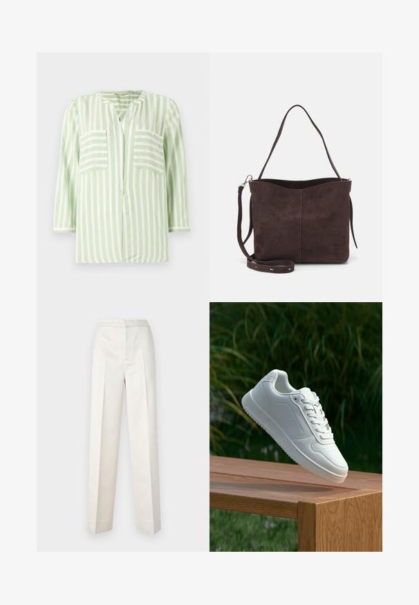 Striped shirt in light green and white, featuring a notch collar, two front pockets, and three-quarter sleeves. Smooth fabric texture.; Cream-colored trousers with a tailored fit, featuring a straight leg, smooth fabric, front pleats, and clean hem. Minimalist design.; White sneaker with a smooth synthetic upper, perforated toe box, flat laces, and a textured sole, displayed on a wooden surface.; Brown suede tote bag with a soft texture, featuring a single shoulder strap and a subtle curved top opening. No visible hardware details.