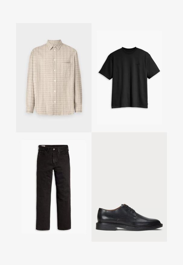 Button-up shirt in light beige, featuring a checked pattern, long sleeves, a chest pocket, and a regular collar design.; Black cotton t-shirt with a crew neck and short sleeves. Features a subtle front logo and a straight hemline. Simple and minimalistic design.; Black straight-leg denim jeans with five pockets, button closure, and belt loops, laid flat on a white background.; Black leather dress shoe with a round toe, lace-up design, and a low stacked heel. Smooth texture with minimal stitching details.