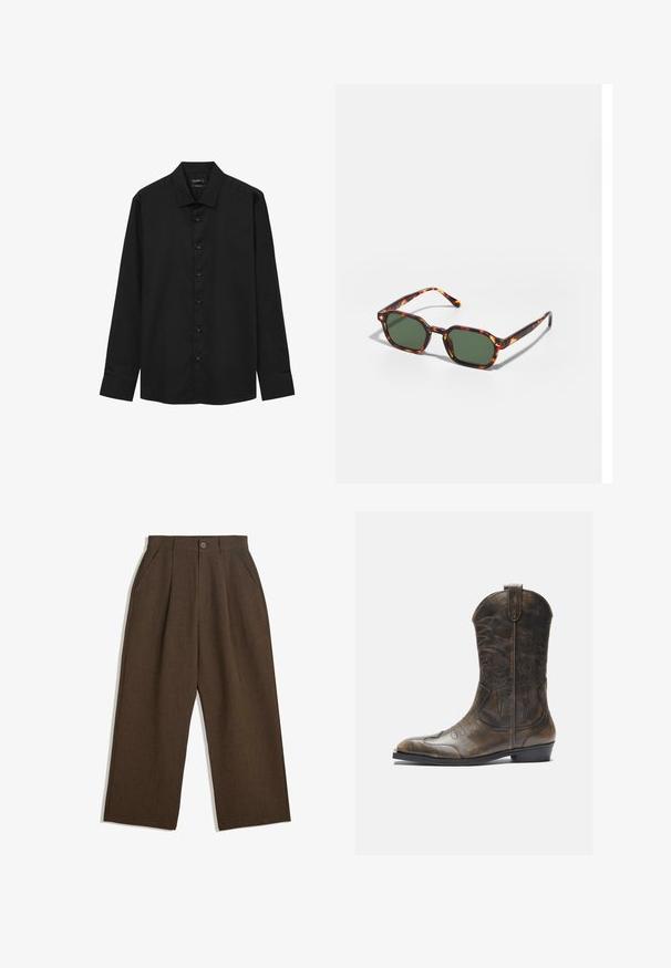 Camicia nera a maniche lunghe in cotone tessuto. Presenta un colletto classico, chiusura frontale con bottoni e taglio dritto. Nessun motivo o accentuazione visibile.; Pantaloni a pieghe marroni con taglio a gamba larga, dotati di chiusura con bottone e tasche laterali, realizzati in tessuto testurizzato adatto per un abbigliamento casual.; Stivale da cowboy in pelle marrone con gambale alto, punta affusolata, motivi di cucitura intricati e tacco basso. Finitura testurizzata in tutto lo stivale.; Occhiali da sole tartarugati con lenti verdi, dotati di una forma ottagonale e bracci sottili e curvi. Il materiale ha una finitura lucida.