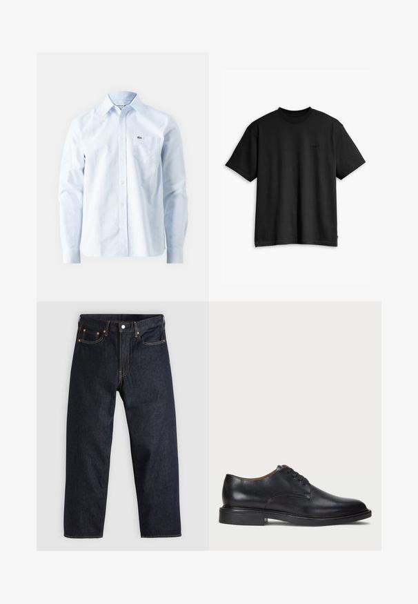 Camicia a righe blu chiaro in cotone, con colletto button-down, maniche lunghe e un piccolo logo ricamato sulla tasca del petto.; T-shirt nera in cotone con collo rotondo e maniche corte. Presenta un logo frontale sottile e un orlo dritto. Design semplice e minimalista.; Jeans in denim blu scuro con taglio dritto, cinque tasche, cuciture arancioni a contrasto e chiusura con bottone. Nessun motivo o decorazione visibile.; Scarpa da uomo in pelle nera con punta rotonda, design con lacci e tacco basso impilato. Texture liscia con dettagli di cucitura minimi.