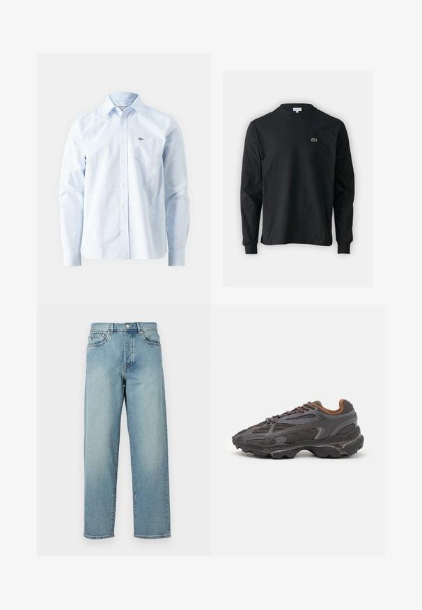 Lichtblauw gestreept overhemd van katoen, met een button-down kraag, lange mouwen en een klein geborduurd logo op de borstzak.; Zwarte longsleeve t-shirt van katoen, met een ronde halslijn en een klein groen geborduurd krokodillenlogo op de linkerborst.; Lichtblauwe denim jeans met een losse pasvorm, rechte pijpen, een vijfzakkenontwerp en een knoopsluiting bij de taille. Minimalistische stikdetails.; Lacoste sneakers in donkergrijs van mesh en synthetisch materiaal, met een gestructureerde zool en bruine accenten op de kraag en branding.