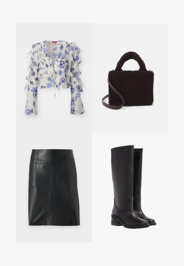 Cras BLOUSE - Camicetta - blue; Gonna in pelle nera con un design aderente. Texture liscia, cuciture che delineano la forma e orlo dritto. Aspetto minimalista e slanciato.; Stivali neri in pelle al ginocchio con una texture liscia, punta arrotondata e tacco spesso. Presentano una cucitura sottile e un design elegante.; Borsa marrone, strutturata, realizzata in morbido materiale in pile, con forma rettangolare, manici superiori doppi e una tracolla marrone staccabile.