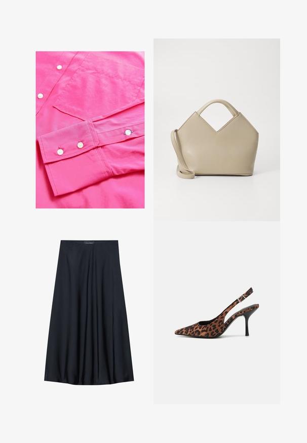 Felle roze button-up shirt met een gladde textuur, met witte knopen en een borstzak. De manchetten bevatten twee knopen met contrasterende draad.; Zwarte, knielange rok van lichtgewicht stof met een vloeiende uitstraling. Kenmerkt zich door een gladde textuur en subtiele plooien voor extra detail.; Slingback hoge hakken met luipaardprint, een spitse neus, zwarte glanzende hak en verstelbare enkelband. Zacht materiaal met een gestructureerde afwerking.; Beige gestructureerde handtas met een V-vormige bovenkant, van glad leder, korte handvatten en een lange verstelbare schouderriem. Minimalistisch ontwerp.; Gouden rechthoekige polshorloge met een witte wijzerplaat, zilverkleurige uurmarkeringen en een duurzame metalen schakelarmband. Inclusief waterdichte functie.