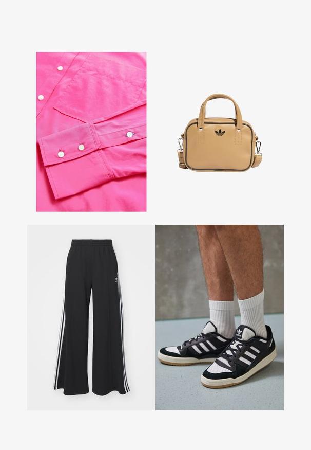 Felle roze button-up shirt met een gladde textuur, met witte knopen en een borstzak. De manchetten bevatten twee knopen met contrasterende draad.; Zwarte wijde sweatpants met een elastische tailleband, met witte zijstrepen en een geborduurd logo op de linker dij.; Zwart-witte sneakers met een bovenwerk van suede en leer, voorzien van drie witte strepen, een geperforeerde neus en een rubberen gumzool.; Bruine vegan leren tas met twee handgrepen, een afneembare schouderriem, zwarte accentstiksels en een klein zwart logo aan de voorkant.
