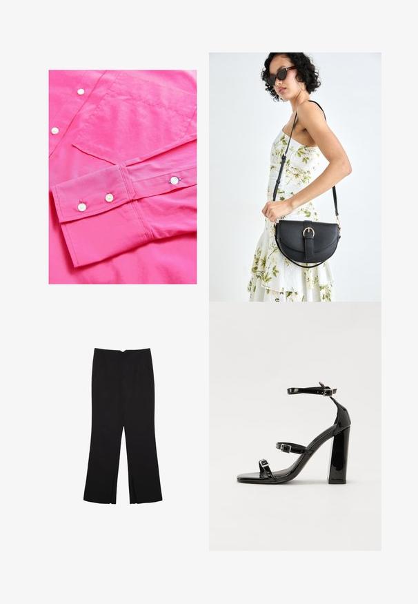 Helles pinkes Hemd mit Knopfleiste und glatter Textur, weißen Knöpfen und einer Brusttasche. Die Manschette hat zwei Knöpfe mit kontrastierendem Garn.; Schwarze Hose mit geradem Schnitt, ausgestattet mit Fronttaschen und Seitenschlitzen am Saum. Hergestellt aus weichem, glattem Stoff. Geeignet für verschiedene Anlässe.; Schwarze patentierte Sandalen mit Absatz, quadratischer Spitze, Knöchelriemen und silbernen Schnallen. Mit einem stabilen Blockabsatz für mehr Stabilität.; Schwarze Lederhandtasche mit geschwungener Form, abnehmbarem Tragegurt und goldenen Beschlägen. Die Tasche verfügt über einen Deckel mit einer Schnallen-Details.