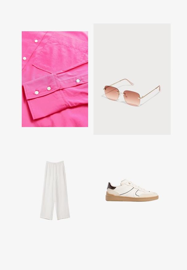 Lys pink skjorte med knaplukning, der har en glat tekstur, med hvide knapper og en brystlomme. Manchetterne har to knapper med kontrasterende tråd.; Hvide bukser med bred benlængde lavet af et letvægtsstof. Har et elastisk talje med snor og sidelommer. Glat tekstur.; Stradivarius Sneakers - white; Rektangulære solbriller med gradient rosafarvede linser, guldmetalramme og pink stænger. Har små næsepuder og subtile hængsel detaljer.