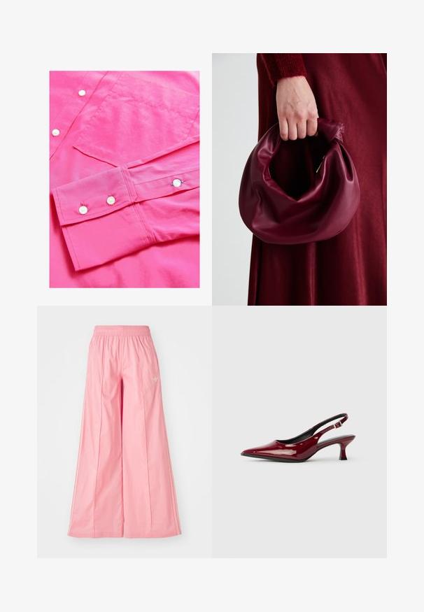 Spilgti rozā pogāma krekls ar gludu tekstūru, baltām pogām un krūšu kabatu. Piedurknes apdare tiek veikta ar divām pogām ar kontrastējošu diegu.; Rozā platajā kājās bikses, kas izgatavotas no viegla auduma, ar elastīgu jostasvietu un smalkām baltām sānu svītrām. Mazs logo priekšā.; Burgundijas lakota ādas sandales ar smailu pirkstu un elegantu stiletto papēdi. Atvērta papēža dizains ar regulējamu potītes siksniņu.; Burgundijas ādas rokassoma ar mīkstu, sakrautu dizainu un apaļu formu. Rokturi ir nostiprināti, parādot gludu tekstūru.