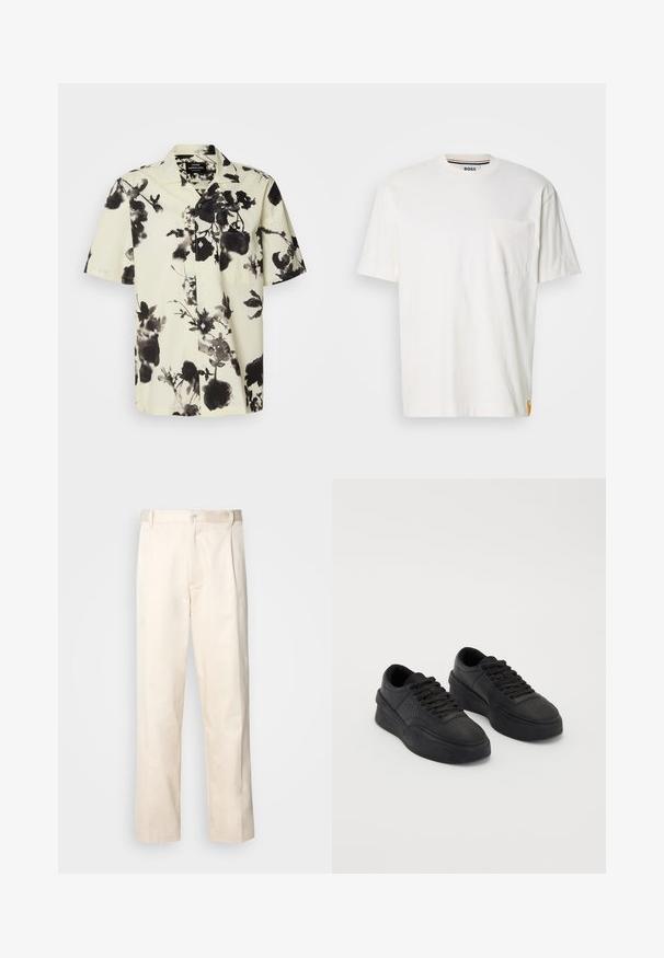 Trumpas rankovėmis marškinis, turintis kreminę bazę ir juodus gėlių raštus. Pagamintas iš lengvos medžiagos, turi mygtukų priekį ir kišenę krūtinėje.; Balta medvilnė t-shirt su apvalia iškirpte, trumpomis rankovėmis ir kišene kairėje krūtinės pusėje. Yra nedidelis logotipo ženkliukas ant šono siūlės.; Bežinės medvilninės kelnės su tiesiu kirpimu, turinčios mygtuko uždarymą ir priekyje raukšles papildomai dekoratyviam akcentui.; Juodi sportbačiai, pagaminti iš lygaus odos, su paminkštintu padu. Ypatybės: plokščios raišteliai, perforacijos ant pirštų srities ir elegantiška siluetas.