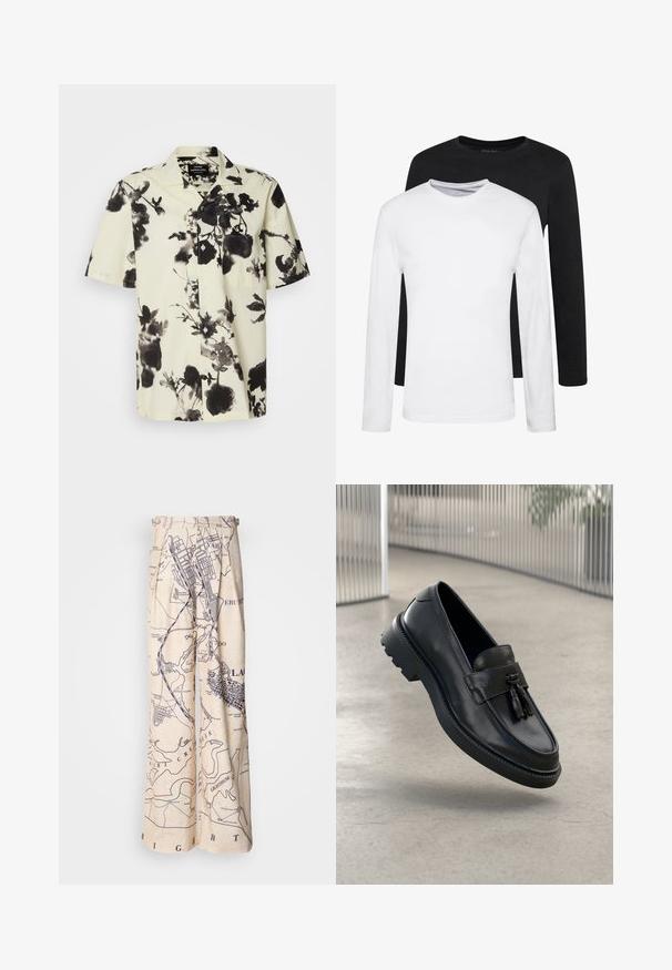 Srajca s kratkimi rokavi z osnovo v kremni barvi in črnimi cvetličnimi vzorci. Narejena iz lahkega materiala, ima sprednje gumbe in žep na prsih.; Dve majice z dolgimi rokavi, ena črna in ena bela, narejene iz bombaža z okroglim izrezom in gladko teksturo, prikazane v zloženem položaju.; Hlače širokih nogavic z zemljevidnim vzorcem v temnavij modri barvi na bež ozadju, s plisejskimi detajli v pasu in sproščenim krojem.; Črni usnjeni mokasini z gladkim zaključkom, dekorativnimi cofki, debelim gumijastim podplatom in všitimi poudarki. Lahka in elegantna zasnova.