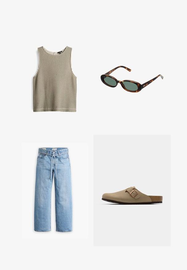 Top senza maniche lavorato a maglia con una texture a coste in verde e crema. Collo rotondo con rifiniture pulite. Design casual e corto.; Jeans in denim azzurro chiaro a gamba larga con vita alta, chiusura con bottone e zip, e dettaglio con cordoncino in vita. Orlo grezzo.; Zoccoli beige con punta arrotondata, accentati da una fibbia regolabile e con tappetino in sughero. Superficie texturizzata con suola in gomma nera per una migliore aderenza.; Occhiali da sole tartarugati con montatura ovale e lenti verdi. Presentano aste sottili con un accento metallico vicino alle cerniere.