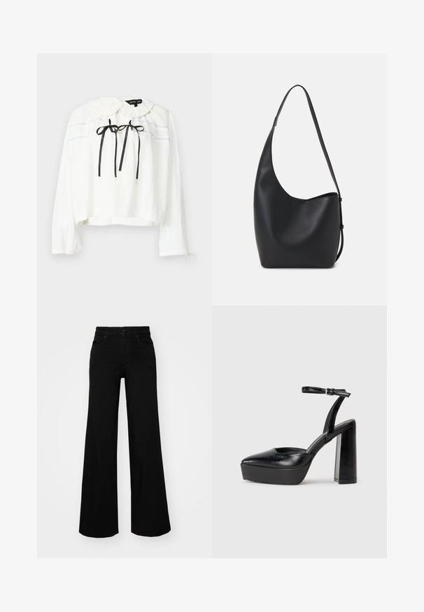 Bluză albă cu mâneci lungi, cu guler rotund, cu fundițe negre în față și dungi albastre deschise pe piept. Textură șifonată.; Pantaloni negri cu picioare largi, din denim, cu un brau structurat, bucle pentru curea și buzunare frontale. Textură netedă, cu un design clasic.; Pantofi cu toc platformă negri, cu vârful ascuțit și curea reglabilă la gleznă. Confecționați din piele netedă, având un toc gros.; Geantă hobo din piele neagră, cu o textură netedă, formă curbată și un singur bretele ajustabil; are o deschidere largă în partea de sus.