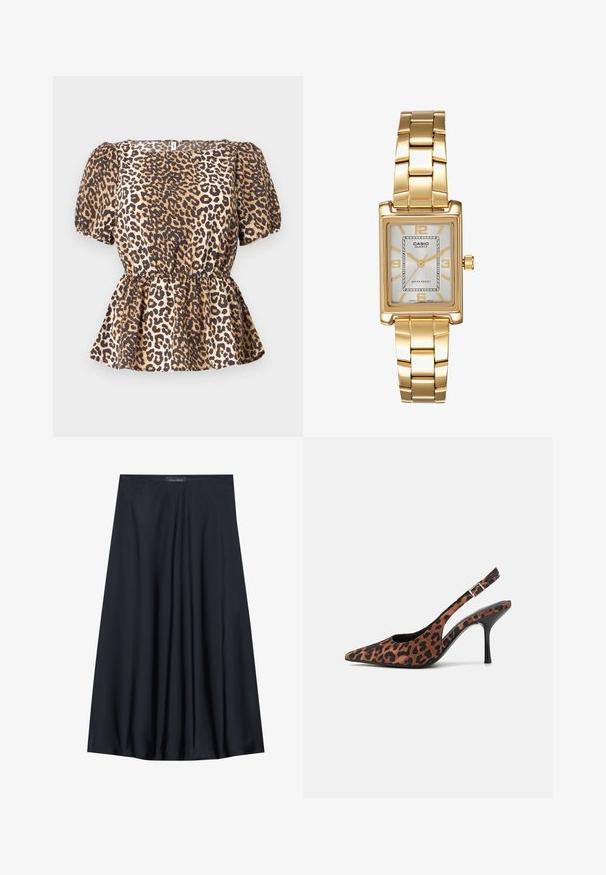 Leopardi mustriga topp lühikeste puhvvarrukatega, sobiva vöökohaga ja flöödid hemiga. Valmistatud siledast kangast pruunides ja beežides toonides.; Must have pikk, kerge materjaliga must seelik, millel on voogav disain. Omab siledat tekstuuri ja peeneid voldikesi lisadetailiks.; Leopardimustriga seljatoega kõrged kontsad terava ninaga, musta läikiva kontsaga ja reguleeritava pahkluu rihmaga. Pehme materjal tekstureeritud viimistlusega.; Kuldtooni ristkülikukujuline käekell valge puidust näidikuga, hõbedaste tundide markeritega ja vastupidava metallist link-ribaga. Veekindel omadus on kaasas.