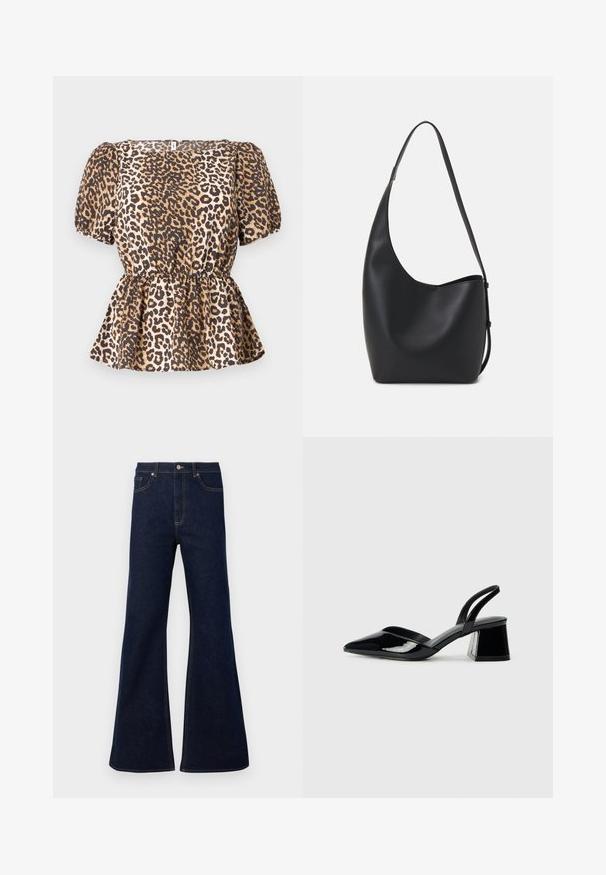 Leopardo raštuotas Topas su trumpomis pūstomis rankovėmis, prigludusia juosmens dalimi ir plačiu sijonu. Pagamintas iš lygaus audinio, įvairių rudos ir smėlio atspalvių.; Tamsiai mėlynos platėjančios džinsinės kelnės su aukštu liemeniu, priekiniu kišenėmis ir auksinėmis siūlėmis. Lygus paviršius su tradiciniu kirpimu.; Juodos lakuotos odinės šlepetės su smailiu pirštu ir geometriniu bloko kulnu. Turi elegantišką, minimalistinį dizainą ir lygų paviršių.; Juodas odinis hobo maišas su lygiu paviršiumi, kreipta forma ir viena reguliuojama rankena; turi platų atidarymą viršuje.