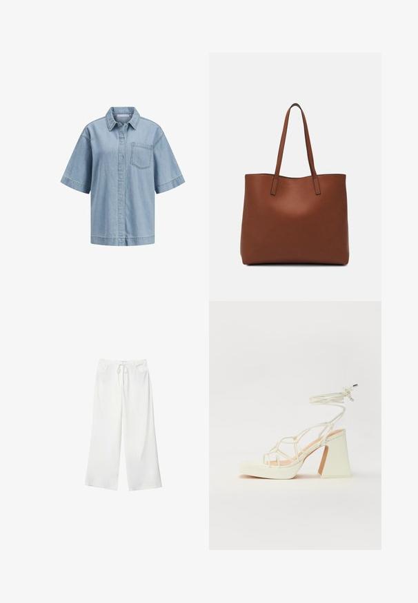 Camicia in denim azzurro chiaro a maniche corte con colletto, tasca sul petto e dettagli di cucitura visibili. Vestibilità rilassata con orlo dritto.; Pantaloni bianchi a gamba larga realizzati in tessuto morbido, con vita regolabile e due tasche frontali. Texture liscia e senza motivi visibili.; Sandalo bianco con tacco alto, caratterizzato da un design a cinturini e un legaccio alla caviglia. Texture liscia con una piattaforma frontale per un'altezza aggiuntiva.; Borsa tote in pelle marrone con texture liscia, design con apertura superiore e due spallacci. Presenta cuciture minime e nessun hardware visibile.