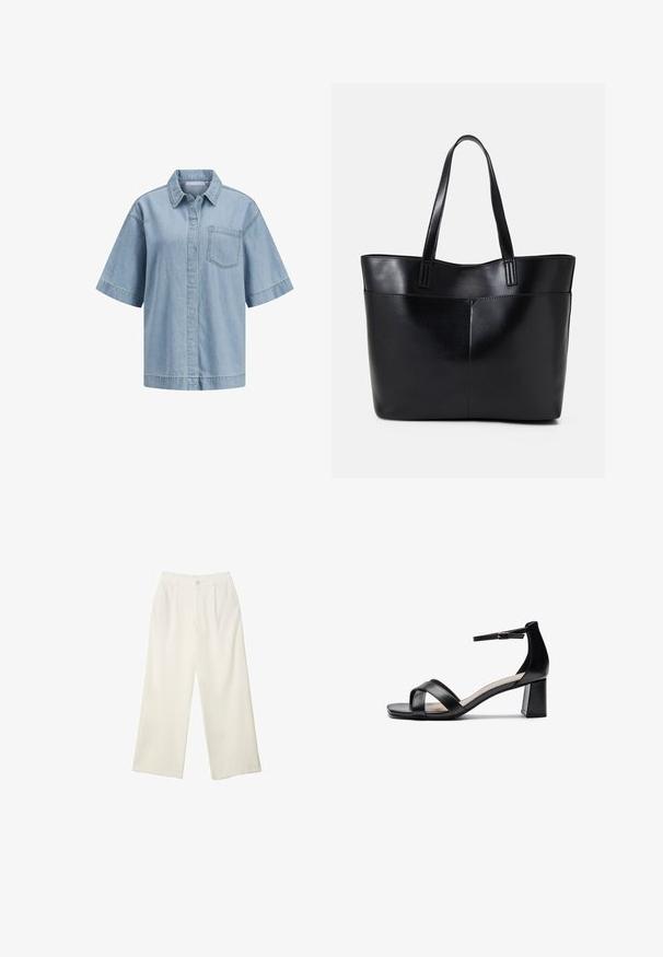 Svetle modrá džínová košile s krátkým rukávem, límečkem, jednou kapsou na prsou a viditelnými stehmi. Uvolněný střih s rovnými lemy.; Široké kalhoty z krémové látky s hladkým povrchem, s jediným předním knoflíkem, jemnými skladbami a vysokým pasem.; Černé sandály na podpatku s otevřenou špičkou, kříženými pásky, nastavovacími pásky kolem kotníku a robustním podpatkem, s hladkou koženou texturou.; Černá kožená taška s dlouhými ušima, hladkým povrchem a strukturovaným tvarem. Obsahuje přední kapsu pro další úložný prostor.