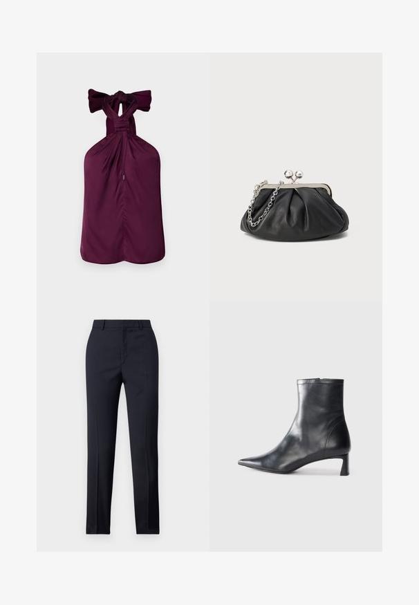 Top halter de culoare violet, cu o fundă legată la gât, având material adunat și un tiv drept. Textură netedă cu un design structurat.; Pantaloni tailor-made de culoare bleumarin cu o croială dreaptă, având o textură netedă, două buzunare frontale și o talie curată.; Cizmă de gleznă din piele neagră cu vârf ascuțit și un design elegant. Dispune de un toc mic și de o închidere cu fermoar la spate. Textură netedă.; Clutch din piele neagră cu textură plisată, cadru din metal de ton argintiu, închidere tip kiss-lock și curea din lanț. Suprafață netedă și moale.