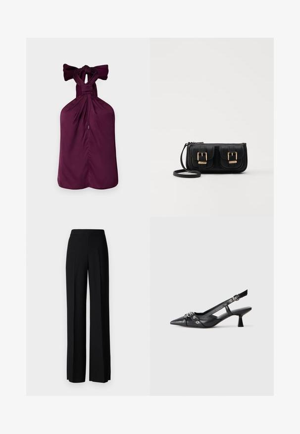Ljubičasti halter top s mašnom oko vrata, s nabranim materijalom i ravnim rubom. Glatka tekstura sa strukturiranim dizajnom.; Crne široke hlače s glatkom teksturom, s visokim strukom i središnjim pregibima. Nema vidljivih uzoraka ili hardverskih detalja.; Crne kožne cipele s remenom oko pete, s izduženim vrhom, dekorativnim trakama s metalnim rupama i niskom blok petom. Teksturirana površina.; Crna kožna torba preko ramena s dva prednja džepa, zlatnim kopčama, zatvaranjem na zip i uskim remenom. Teksturirana površina i kompaktan pravokutan oblik.