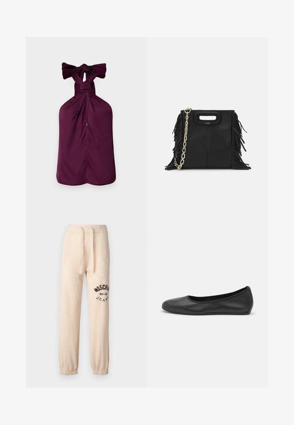 Lilla halter-top med en knyttet sløyfe i halsen, som har samlet stoff og en rett kant. Glatt tekstur med en strukturert design.; Beige sweatpants med elastiske mansjetter og midjebånd. Har en svart trykt logo "MOSCHINO 86 ❤ 23 JEANS" på venstre lår. Myk tekstur.; Svart skinnballettflatt med rund tå, glatt tekstur, minimal sømdetalj, og et fleksibelt såledesign.; Svart læderhåndtaske med frynsedetaljer, guldkæde skulderrem og udskåret håndtag. Har logo placeret på forsiden.