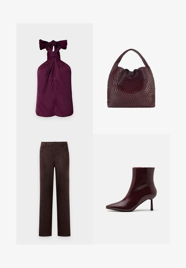 Violetti halterneck-top, jossa on solmittu nauha kaulassa, kerättyjä kankaita ja suora helma. Silkkinen rakenne ja jämäkkä muotoilu.; Suorat jalat tummanruskeat nahanhousut, joissa on etupainike ja vetoketju, vyölenkit ja sivutaskut.; Burgundi kiiltävä nahkainen nilkkasaapas, jossa on terävä kärki ja kapea korko, joka esitellään sileällä, kiiltävällä pinnalla ja minimalistisella suunnittelulla.; Punainen viininvärinen käsilaukku, joka on pyöreämuotoinen ja jossa on yksi kahva. Laukussa on tekstuuri pinta ja joustava nyöri sulkimena.