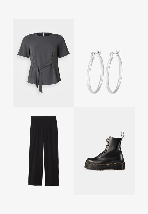 Siva kratkoslečena bluzica z okroglo izrezom, pasom z zavezovanjem in mehkim padcem. Ima zadaj gumbasto zapiranje in gladko teksturo.; Črne široke hlače z nabranim sprednjim delom, stranskimi žepi in gladko teksturo tkanine. Oblikovane za sproščen kroj.; Črne usnjen lace-up gležnjarje z debelim črnim podplatom in rumenim šivanjem. Imajo zanko na hrbtni strani in okrogle kovinske učke.; Srebrni obroči za ušesa z gladko, polirano površino. Okrogla oblika in varna zaponka s klikom. Lahka zasnova, primerna za vsakodnevno nošenje.