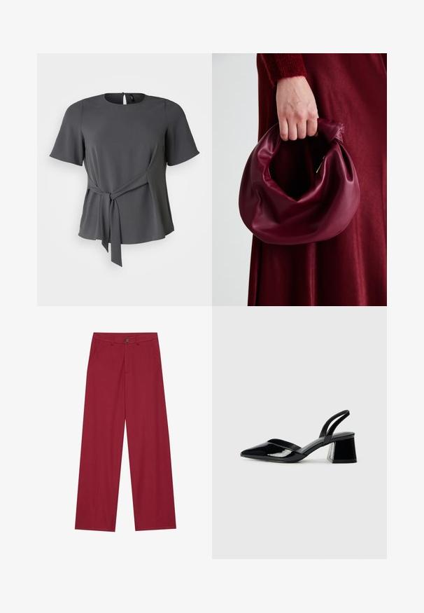 Blusa gris de manga corta con cuello redondeado, detalle de cintura atada y caída suave. Presenta un cierre de botón en la parte posterior y una textura suave.; Pantalones de pierna ancha hechos de una tela suave y texturizada en un color rojo intenso. Presentan bolsillos delanteros y un cierre de botón único en la cintura.; Zapatos de tacón slingback de charol negro con punta afilada y tacón geométrico en bloque. Presentan un diseño elegante y minimalista, así como una textura suave.; Bolso de cuero burdeos con un diseño suave y recogido y una forma redondeada. La asa está asegurada, mostrando una textura lisa.