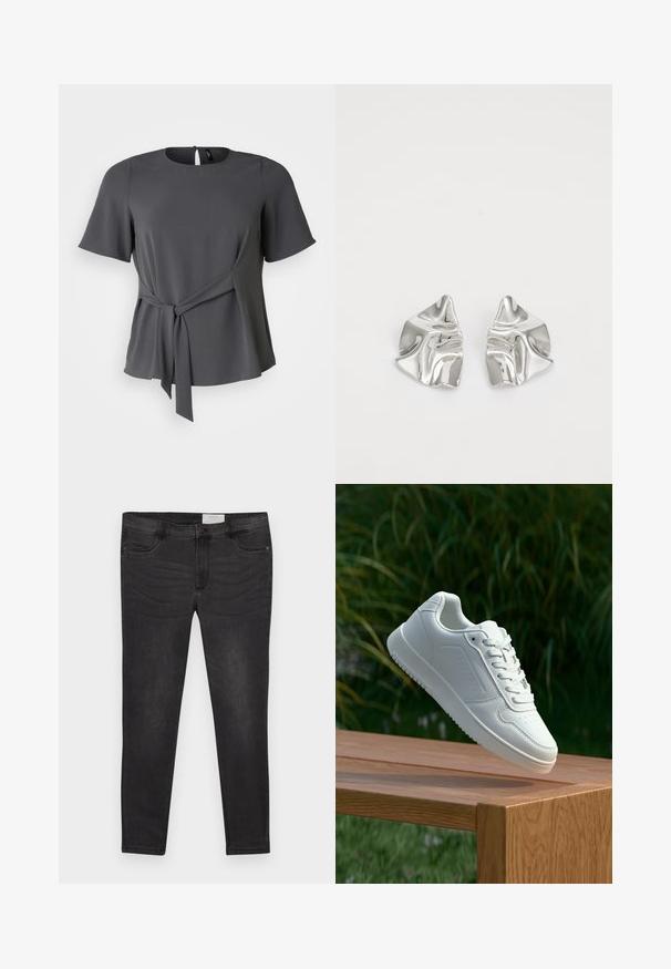 Blusa grigia a maniche corte con scollatura arrotondata, dettaglio in vita annodato e una morbida caduta. Presenta una chiusura con bottoni sul retro e una texture liscia.; Jeans in denim nero con vestibilità slim, dotati di chiusura con bottone, passanti per cintura e tasche frontali. Tessuto liscio con leggeri effetti di sbiadimento.; Sneaker bianco con tomaia in sintetico liscio, punta perforata, lacci piatti e suola testurizzata, esposto su una superficie di legno.; Orecchini in metallo argento con un design ondulato e scultoreo, caratterizzati da una finitura lucida e forme irregolari, che evidenziano un'estetica contemporanea.