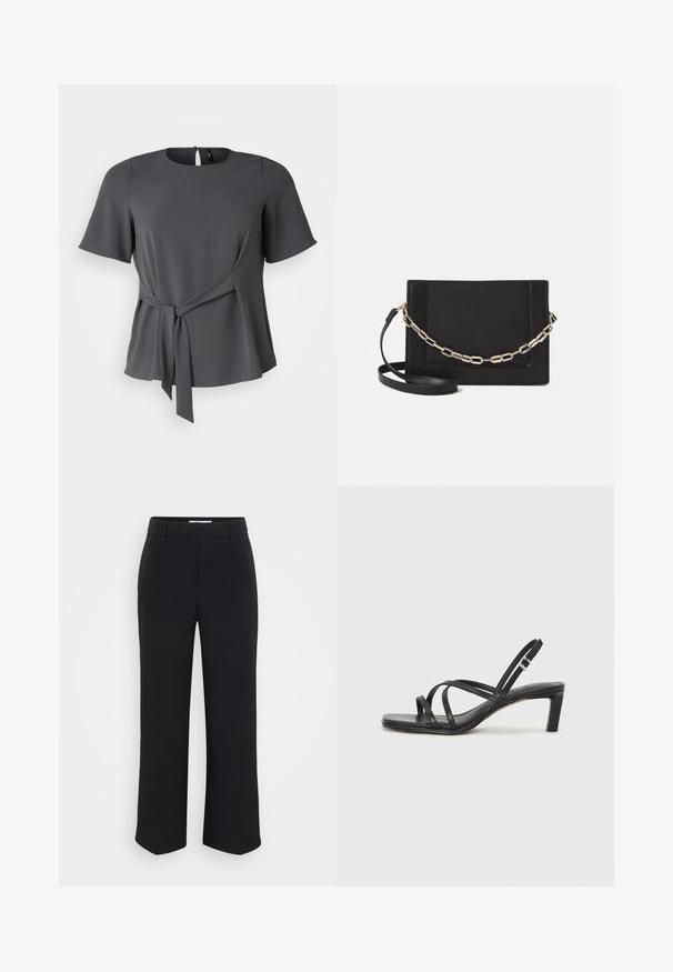 Pelēks īsu piedurkņu blūze ar noapaļotu kakla izgriezumu, sasietu jostas detaļu un maigu krītošu audumu. Tai ir aizmugurējā pogu aizdare un gluda tekstūra.; Melnas platās bikses ar gludu tekstūru, ar platu jostasvietu un sānu kabatām, veidotas minimalistiskā estētikā.; Melnas strappy sandales ar kvadrātveida purngaliem un zemu bloku papēdi. Ievērojamas ar vairākiem plāniem siksniņām un regulējamu potītes siksniņu. Izgatavotas no gludas ādas.; Melna ādas crossbody soma ar gludu faktūru, taisnstūrveida formu un metalizētu ķēdes detaļu priekšā. Iekļauta regulējama siksna.; Sudraba divu joslu gredzens ar gludu, pulētu virsmu. Iezīmējas ar plūstošu, izliekta dizaina struktūru ar pārklājošām sekcijām modernam izskatam.