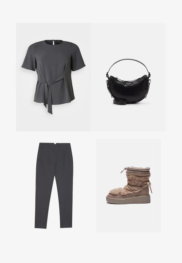 Graue Kurzarmbluse mit rundem Ausschnitt, einem gebundenen Taillendetail und einem weichen Fall. Verfügt über einen Knopfverschluss auf der Rückseite und eine glatte Textur.; Dunkelgraue, taillierte Hose mit seitlichen Taschen und vorderen Falten, entworfen für eine maßgeschneiderte Passform.; Flauschiger beiger Knöchelstiefel mit einer klobigen Plateausohle, gerafftem Obermaterial und elastischen Schnürsenkeln. Verfügt über einen Reißverschluss und eine weiche Stofftextur.; Schwarze Handtasche mit Krokodillederprägung in geschwungener Form, abnehmbaren Schulterriemen und einem eleganten metallischen Akzent auf der Vorderseite.