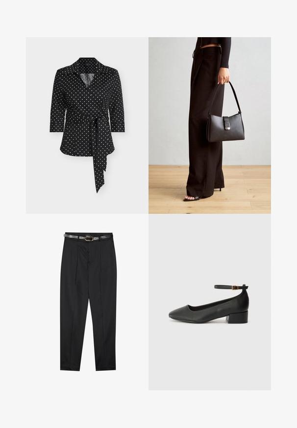 Zwarte wikkelblouse met witte stippen, een kraag, driekwarts mouwen en een strikdetail in de taille voor een nauwsluitende pasvorm.; Zwarte broeken van een gladde stof, met een aansluitende tailleband en een gestructureerde grijze riem met een gouden gesp. Licht taps toelopende broekspijpen.; Zwarte leren pump met een spitse neus en een lage blokhak. Beschikt over een enkelband met een goudkleurige gespsluiting. Gladde textuur.; Zwarte handtas met gestructureerde vorm, gladde textuur en een metalen sluiting. Gecombineerd met brede zwarte broeken en sandalen met open teen op een houten vloer.