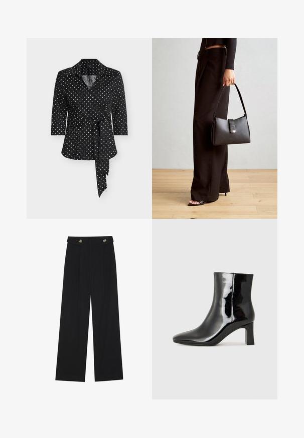 Zwarte wikkelblouse met witte stippen, een kraag, driekwarts mouwen en een strikdetail in de taille voor een nauwsluitende pasvorm.; Zwarte wijde broek met hoge taille, knoopdetails op de tailleband en plooien aan de voorkant.; Zwarte gepolijste leren enkellaars met een spitse neus en een blokhak van gemiddelde hoogte. Glad textuur en minimalistisch ontwerp.; Zwarte handtas met gestructureerde vorm, gladde textuur en een metalen sluiting. Gecombineerd met brede zwarte broeken en sandalen met open teen op een houten vloer.