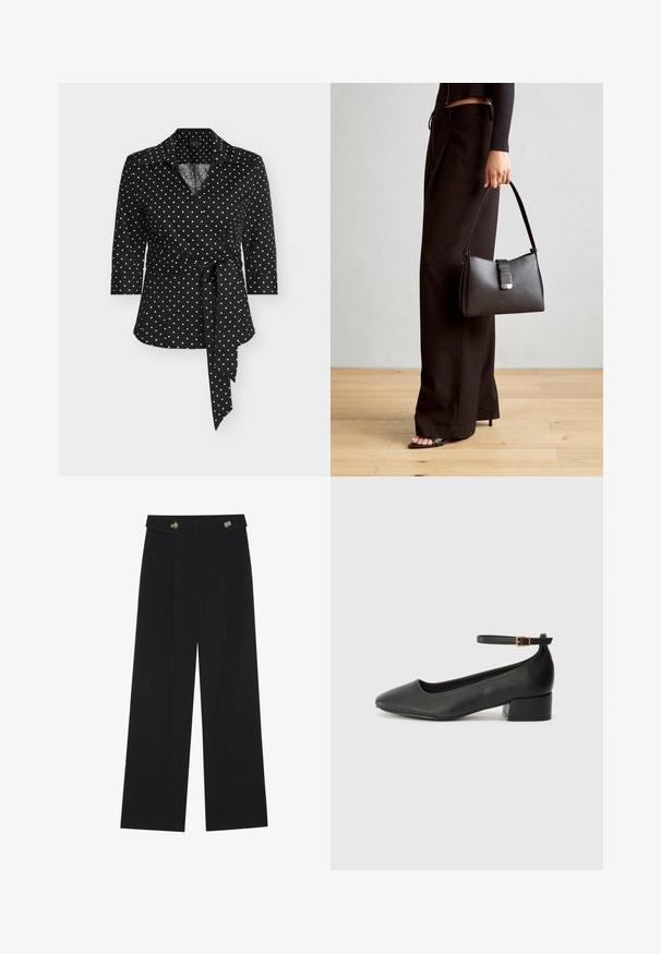 Black wrap blouse featuring white polka dots, collared neck, 3/4 sleeves, and a tied waist detail for fitted silhouette.; Black wide-leg trousers with high waist, button details on waistband, and front pleats.; Black leather pump with a pointed toe and a low block heel. Features an ankle strap with a gold-tone buckle. Smooth texture.; Black handbag with structured shape, smooth texture, and a metallic clasp. Paired with wide black pants and open-toe sandals on wooden floor.