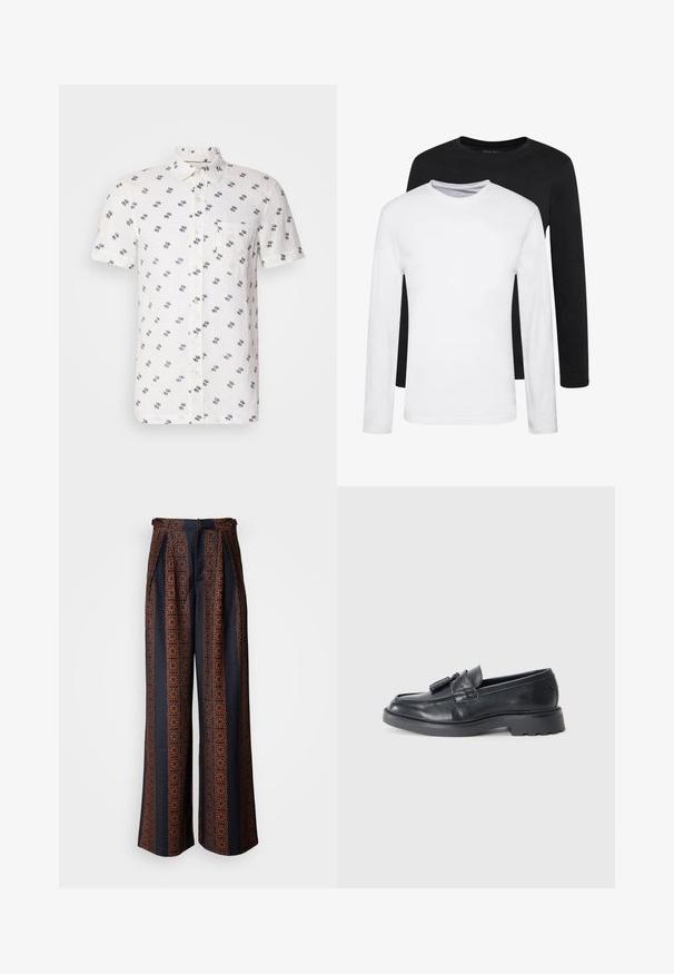 Srajca z kratkimi rokavi iz belega lanu z diskretnim mornarsko modrim vzorcem, z ovratnikom na gumbe in enim žepom na prsih. Teksturna, zračna tkanina.; Dve majice z dolgimi rokavi, ena črna in ena bela, narejene iz bombaža z okroglim izrezom in gladko teksturo, prikazane v zloženem položaju.; Široke hlače iz temno modrega materiala, ki imajo zapleteno oranžno geometrijsko vzorčenje, z naborki spredaj in prilegajočim pasom.; Črne usnjene loafers sandale z zaobljenim nosom, pasom s resicami in robustnim podplatom z vzorcem profila. Gladka tekstura in klasičen dizajn.