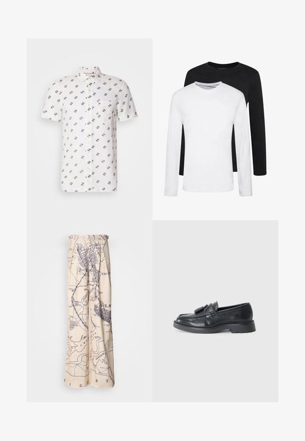 Camicia bianca in lino a maniche corte con un sottile motivo navy, colletto button-down e una singola tasca sul petto. Tessuto testurizzato e traspirante.; Due camicie a manica lunga, una nera e una bianca, realizzate in cotone con scollo rotondo e una texture liscia, esposte in un disposizione impilata.; Pantaloni a gamba larga con stampa mappa in navy su sfondo beige, con dettagli plissettati in vita e una vestibilità rilassata.; Mocassini in pelle nera con punta arrotondata, una fascia con nappine e una suola spessa con motivo a trazione. Texture liscia e design classico.