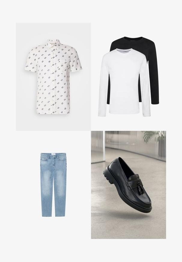 Bílé lněné tričko s krátkým rukávem, které má jemný námořnický vzor, zapínací límeček a jednu náprsní kapsu. Texturovaná, prodyšná tkanina.; Dvoje dlouhých rukávů, jedno černé a jedno bílé, vyrobené z bavlny s kulatým výstřihem a hladkou texturou, vystavené ve srovnaném uspořádání.; Světle modré rovné džíny vyrobené z denimu. Disponují pětikapsovým designem, vybledlými oblastmi a štítkem na pasu. Bez ozdob.; Černé kožené mokasíny s hladkým povrchem, dekorativní střapec, silná gumová podrážka a prošité detaily. Lehký a elegantní design.