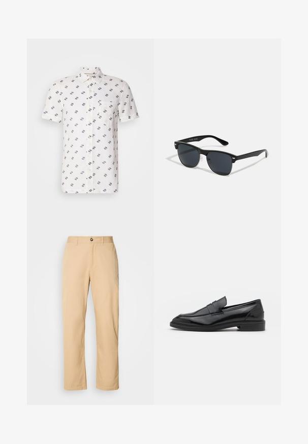 Krátky rukáv, biela ľanová košeľa so subtilným námorníckym vzorom, golier na gombíky a jedno vrecko na hrudi. Textúrovaná, priedušná tkanina.; Khaki bavlnené nohavice so strait leg strihom, s predným gombíkovým zapínaním a pútkami na opasok. Hladký povrch a jednoduchý dizajn.; Čierne kožené loaferky s hladkým povrchom, s okrúhlou špičkou a úzkym pásom cez vrch. Nízky vrstvený podpätok.; Čierne slnečné okuliare s obdĺžnikovým tvarom, tmavými sklami, striebornými akcentmi na bočných okrajoch a matným povrchom rámu.