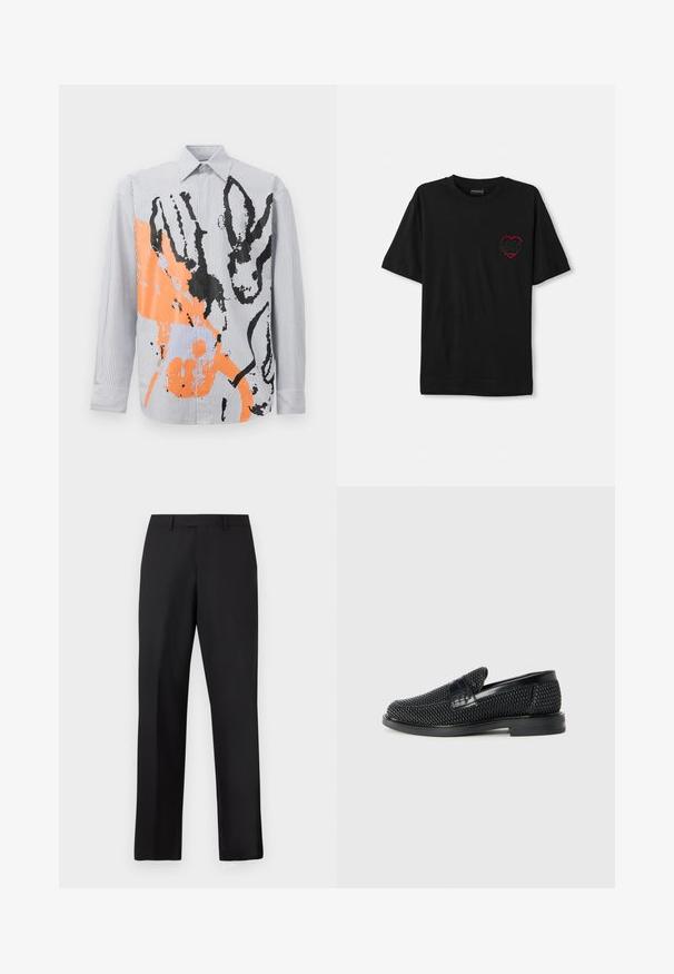 Camicia button-up a righe con un design astratto arancione e nero, impreziosita da contorni di animali e tocchi di pennellate contemporanee.; T-shirt nera in cotone con maniche corte, caratterizzata da un design a cuore ricamato rosso sul lato sinistro del petto. Collo alla marinara classico, vestibilità comoda.; Pantaloni neri a gamba dritta in tessuto liscio. Presentano una vita standard e nessun motivo o accento visibile.; Scarpa nera a mocassino intrecciata con un accentuato in pelle liscia sulla parte superiore, design a punta rotonda e suola in gomma a profilo basso.