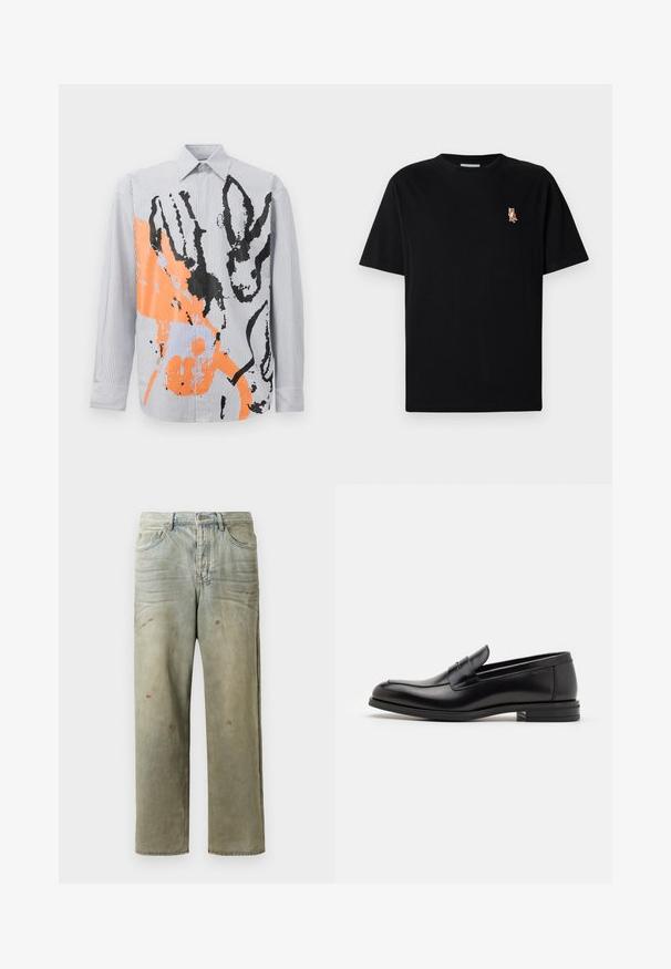 Camisa de botones a rayas con un diseño abstracto en naranja y negro, con contornos de animales y acentos contemporáneos de pinceladas.; Camiseta negra de manga corta con cuello redondo, con un pequeño logo de zorro naranja bordado en el lado izquierdo del pecho.; Jeans de mezclilla desgastados en verde claro, con corte recto, diseño de cinco bolsillos y decoloración desigual con manchas de pintura.; Mocasines de cuero negro con una textura suave, puntera redondeada y una tira decorativa en el empeine. Tacón bajo apilado, diseño minimalista.