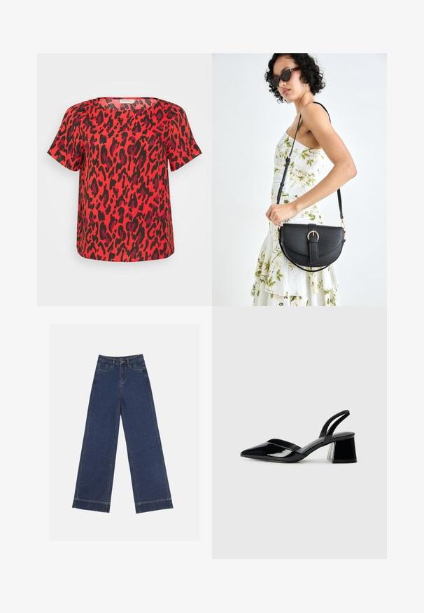 Rotes Kurzarm-Oberteil mit Leopardenmuster in Schwarz und Dunkellila. Lockerer Schnitt und viereckiger Ausschnitt.; Weite Jeans in dunkelblauem Denim. Verfügt über fünf Taschen, Gürtelschlaufen und einen rohen Saum am unteren Ende mit sichtbaren Nahtdetails.; Schwarze Lackleder-Slingback-High Heels mit spitzem Schuh und einem geometrischen Blockabsatz. Verfügt über ein schlankes, minimalistisches Design und eine glatte Textur.; Schwarze Lederhandtasche mit geschwungener Form, abnehmbarem Tragegurt und goldenen Beschlägen. Die Tasche verfügt über einen Deckel mit einer Schnallen-Details.