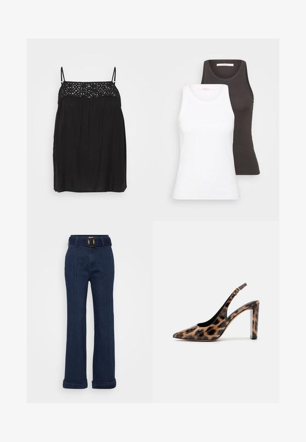Sort ærmeløs top med blonde detaljering ved udskæringen, flydende silhuet og diskrete plisseringer under brystet. Glat stoftekstur.; To tank tops i hvid og mørkegrå, med ribbet tekstur, rund udskæring og uden ærmer. Etiketterne er placeret på indersiden af udskæringen.; Mørkeblå denimbukser med bred bendesign, der har et bælte med en stor metallisk spænde og synlige syninger som accent.; Sandalet med leopardprint, spids tå og gennemsigtig blokhæl. Lavet af blankt materiale med en glat overflade.