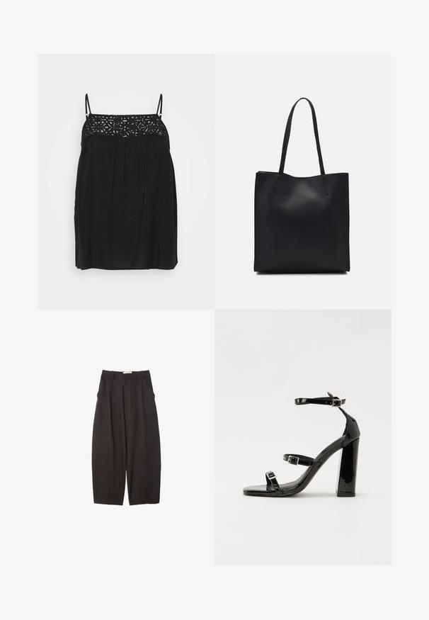 Sort ærmeløs top med blonde detaljering ved udskæringen, flydende silhuet og diskrete plisseringer under brystet. Glat stoftekstur.; Sorte brede bukser lavet af et glat stof, med høj talje, forfaldne folder og sidelommer. Simpelt design uden udsmykninger.; Sorte patenterede hælsandaler med firkantet tå, ankelremme og sølvspænder. Har en chunky blokHæl for stabilitet.; Sort læder tote taske med glat tekstur, rektangulær form og to lange hanke. Ingen synlig hardware eller udsmykninger.