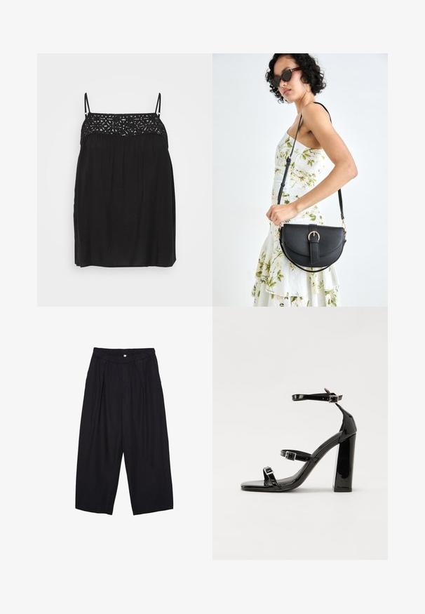Črna brezrokavnik s čipkastim okrasjem na izrezu, ohlapen kroj in subtilni gubici pod prsi. Gladka tekstura tkanine.; Črne poliesterske culotte hlače z elastičnim pasom, dvema sprednjima nabiranjema in ohlapnim krojem. Brez vidnih vzorcev ali kovinskih detajlov.; Črne lakirane sandale s peto, kvadratnim prstom, trakovi okrog gležnja in srebrnimi zaponkami. Opremljene so s stabilno Debelo peto.; Črna usnjena torbica s ukrivljeno obliko, z odstranljivo naramnico in zlatimi dodatki. Torbica ima pokrov s podrobnostmi v obliki zaponke.