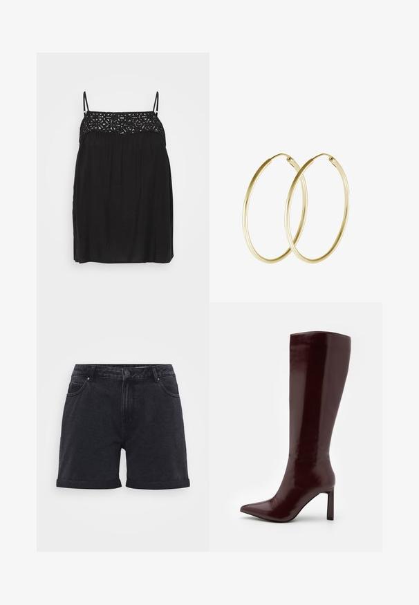 Must have musta välistükid, millel on pitsdetail kaeluses, voolav siluett ja peened voldid rinna all. Sile kangastekstuuri.; Mustadest denimist lühikesed püksid klassikalise disainiga, millel on volditud servad, vöökohad ja ees olevad taskud. Sile tekstuur ja peened õmbluse detailid.; Even&Odd Saapad - dark red; Kuldne rõngaskõrvarõngad, millel on sujuv ja ümar disain, ning läikiv viimistlus. Kerge konstruktsioon koos kindla klambriga.