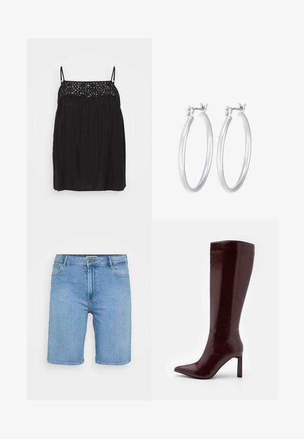 Svart ärmlös topp med spetstjocklek vid halsringningen, flödande silhuett och subtila veck under bysten. Slät tygstruktur.; Ljusblå denimshorts med klassisk skärning, med en framknäppning, bälteshällor och två sidofickor. Slät textur och rak fåll.; Even&Odd Stövel - dark red; Silverfärgade hoopörhängen med en slät, polerad yta. Rund form och säker klickstängning. Lättviktig design som passar för vardagligt bruk.