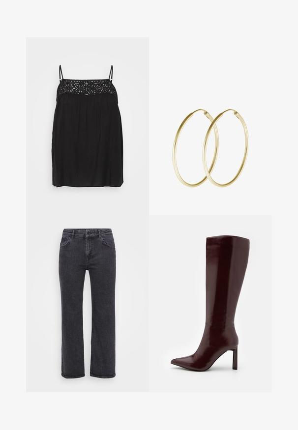 Juodas be rankovių viršus su nėriniu dekoru kaklo linijoje, laisvas siluetas ir subtilios klostės po krūtine. Švelni audinio tekstūra.; Juodi džinsai su tiesiomis kojomis, penkiais kišenėmis ir mygtukų uždarymu. Medžiaga šiek tiek nublukusi ir tvirtais siūlais.; Even&Odd Batai - dark red; Aukso auskarai žiedai su lygia, apvali forma ir blizgiu paviršiumi. Lengva konstrukcija su saugiu užsegimu.